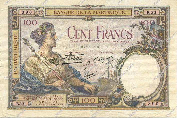 100 Francs MARTINIQUE  1938 P.13 TTB