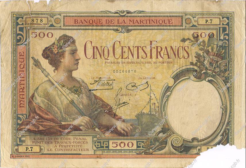 500 Francs MARTINIQUE  1938 P.14 B