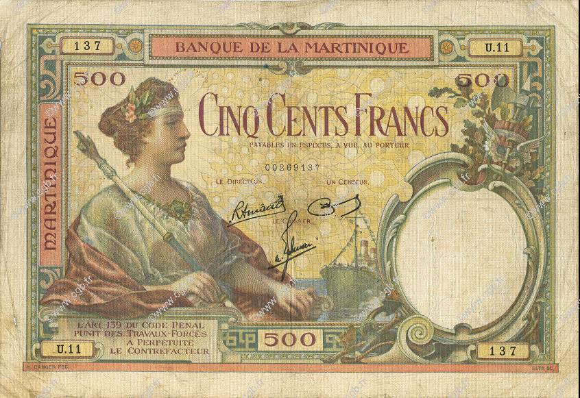 500 Francs MARTINIQUE  1945 P.14 F+