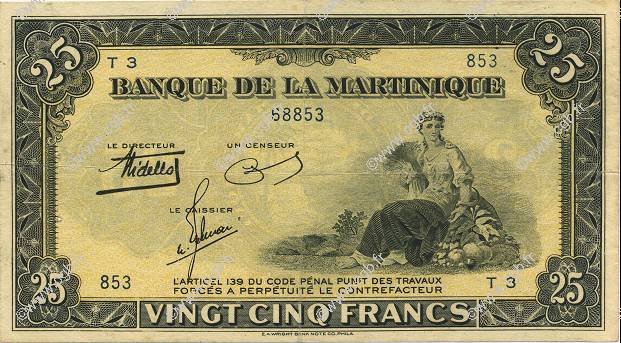 25 Francs MARTINIQUE  1943 P.17 EBC
