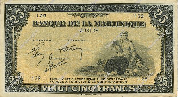 25 Francs MARTINIQUE  1943 P.17 VZ+