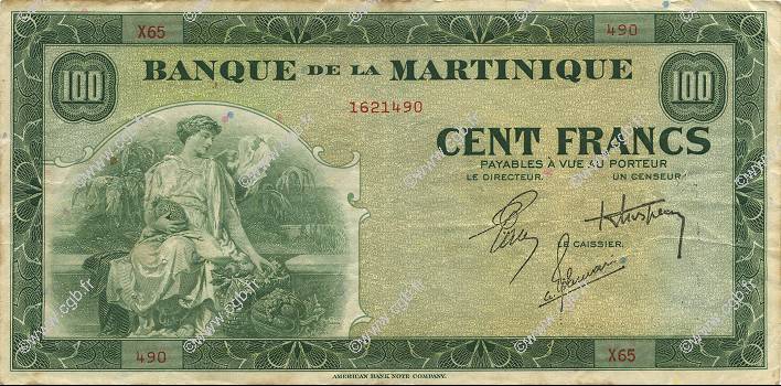 100 Francs MARTINIQUE  1944 P.19a VF