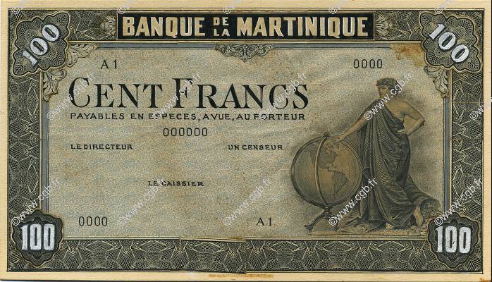 100 Francs MARTINIQUE  1943 P.- XF