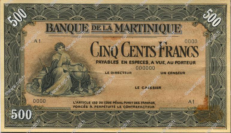 500 Francs MARTINIQUE  1943 P.- SUP
