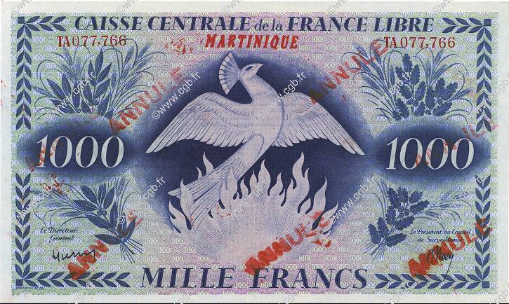 1000 Francs Phénix Annulé MARTINIQUE  1944 P.22b NEUF