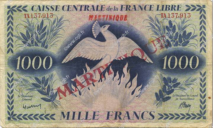 1000 Francs Phénix MARTINIQUE  1947 P.22c VF-