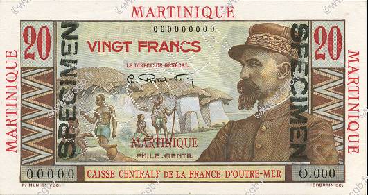 20 Francs Émile Gentil MARTINIQUE  1946 P.29s q.FDC