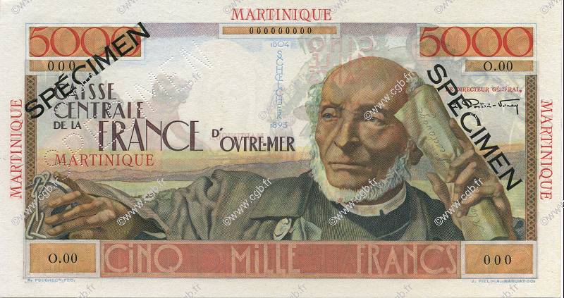 5000 Francs Schoelcher MARTINIQUE  1952 P.34s UNC