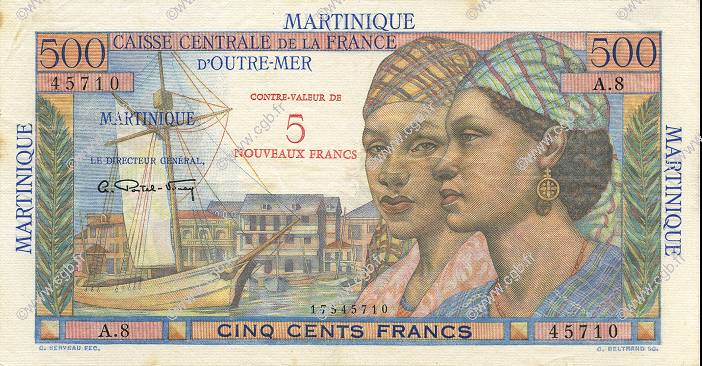 5 NF sur 500 Francs Pointe à pitre MARTINIQUE  1960 P.38 XF