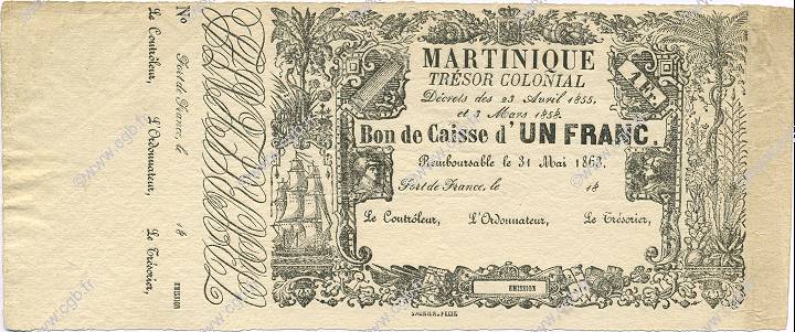 1 Franc Non émis MARTINIQUE  1859 P.A02r SUP