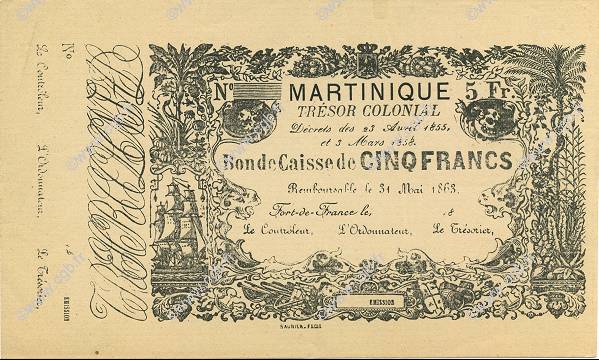 5 Francs MARTINIQUE  1863 P.A03r fST+