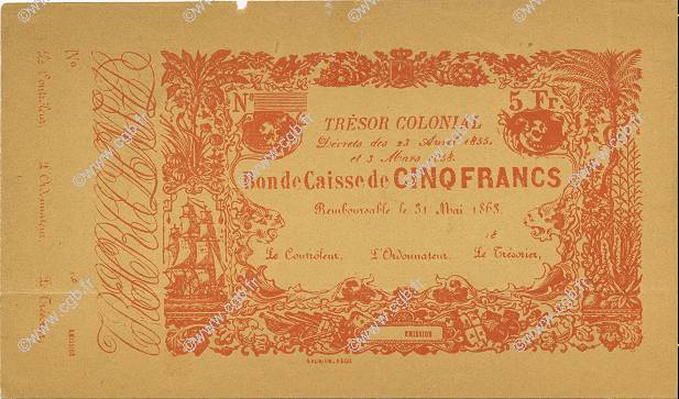 5 Francs Faux MARTINIQUE  1863 P.A03r SUP