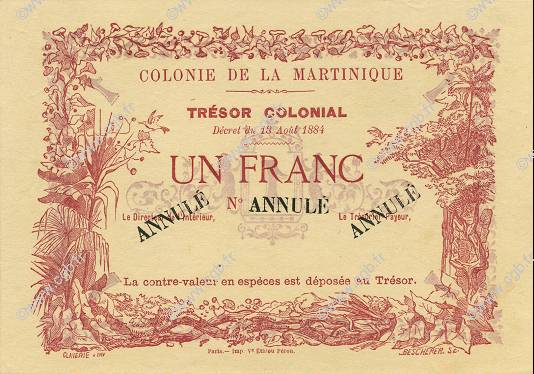 1 Franc Annulé MARTINIQUE  1884 P.02s pr.NEUF