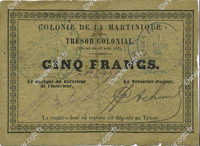5 Francs MARTINIQUE  1885 P.04B pr.TTB