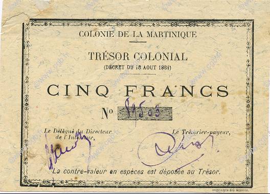 5 Francs MARTINIQUE  1895 P.04 fVZ