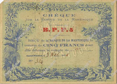 5 Francs Cabasson bleu Non émis MARTINIQUE  1878 P.05B VZ