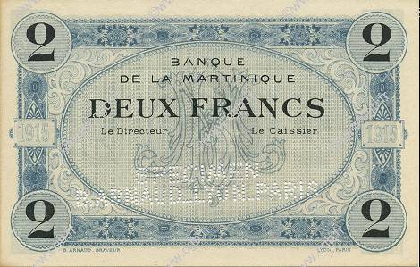 2 Francs MARTINIQUE  1915 P.11s pr.NEUF