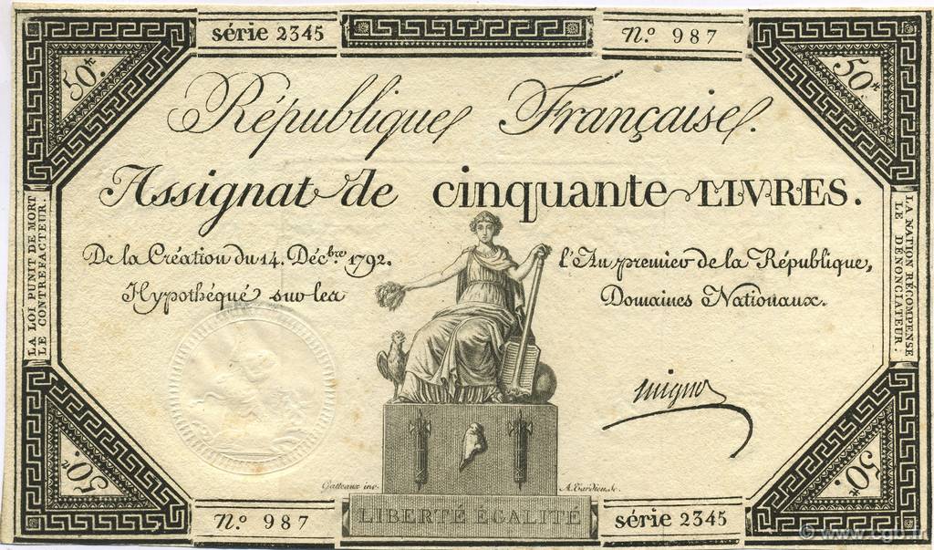 50 Livres FRANCE  1792 Laf.164 XF+
