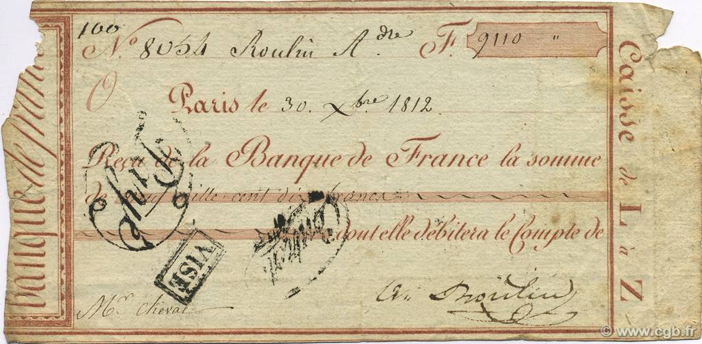 9110 Francs FRANCE regionalismo y varios  1812 F.-- MBC