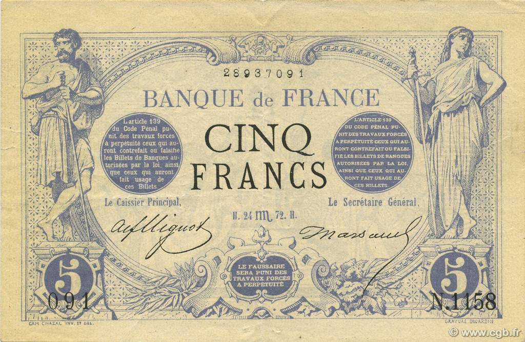5 Francs NOIR FRANKREICH  1872 F.01.11 fVZ to VZ