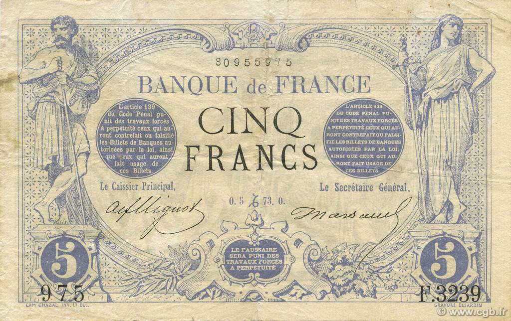 5 Francs NOIR FRANCE  1873 F.01.24 F+