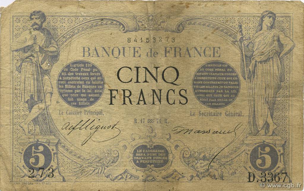 5 Francs NOIR FRANKREICH  1874 F.01.25 SGE to S