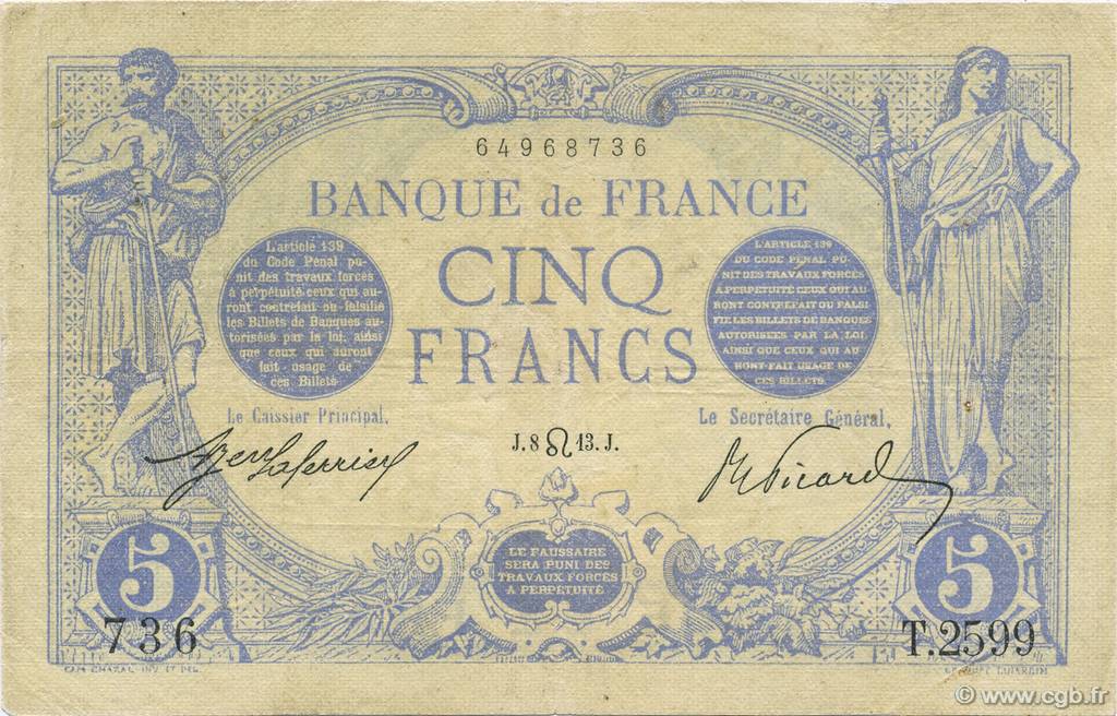 5 Francs BLEU FRANCE  1913 F.02.19 VF-