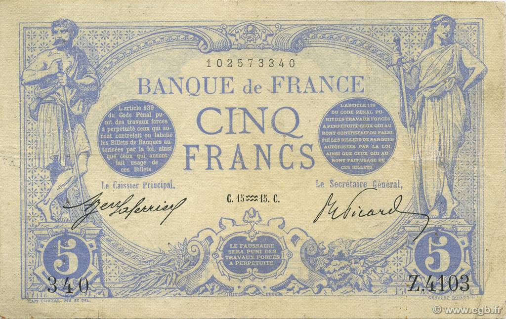 5 Francs BLEU FRANCE  1915 F.02.23 VF-