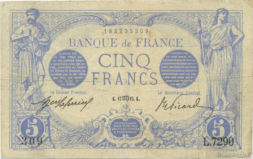 5 Francs BLEU FRANCE  1915 F.02.30 F+