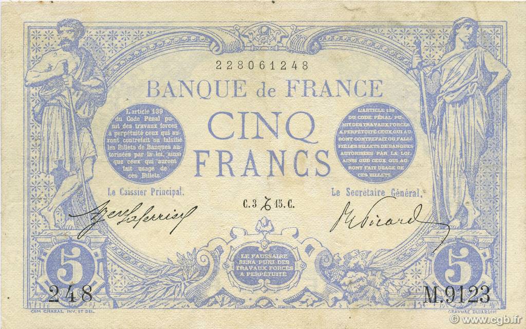 5 Francs BLEU FRANCIA  1915 F.02.34 BB