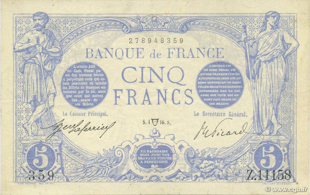 5 Francs BLEU FRANCIA  1916 F.02.38 SC+