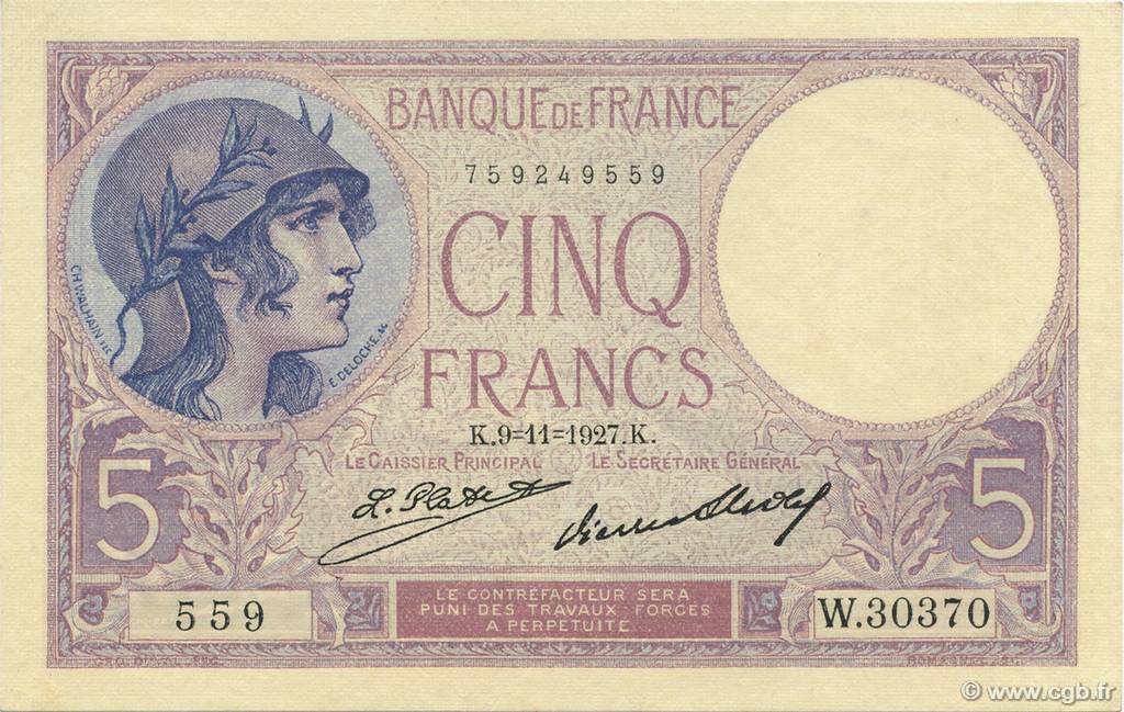 5 Francs FEMME CASQUÉE FRANCE  1927 F.03.11 UNC-