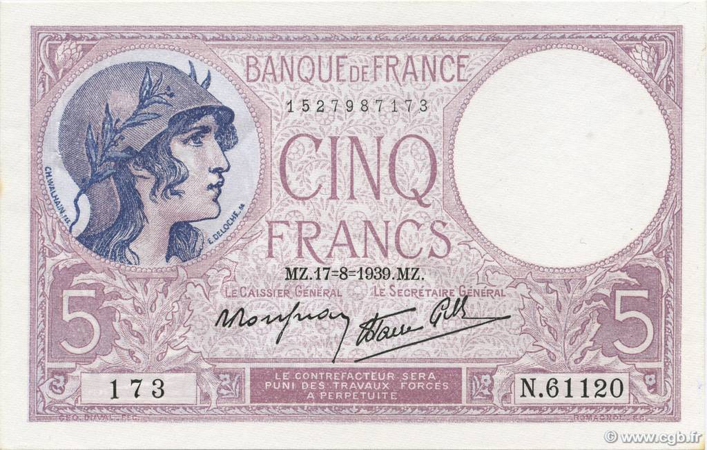 5 Francs FEMME CASQUÉE modifié FRANCIA  1939 F.04.06 AU
