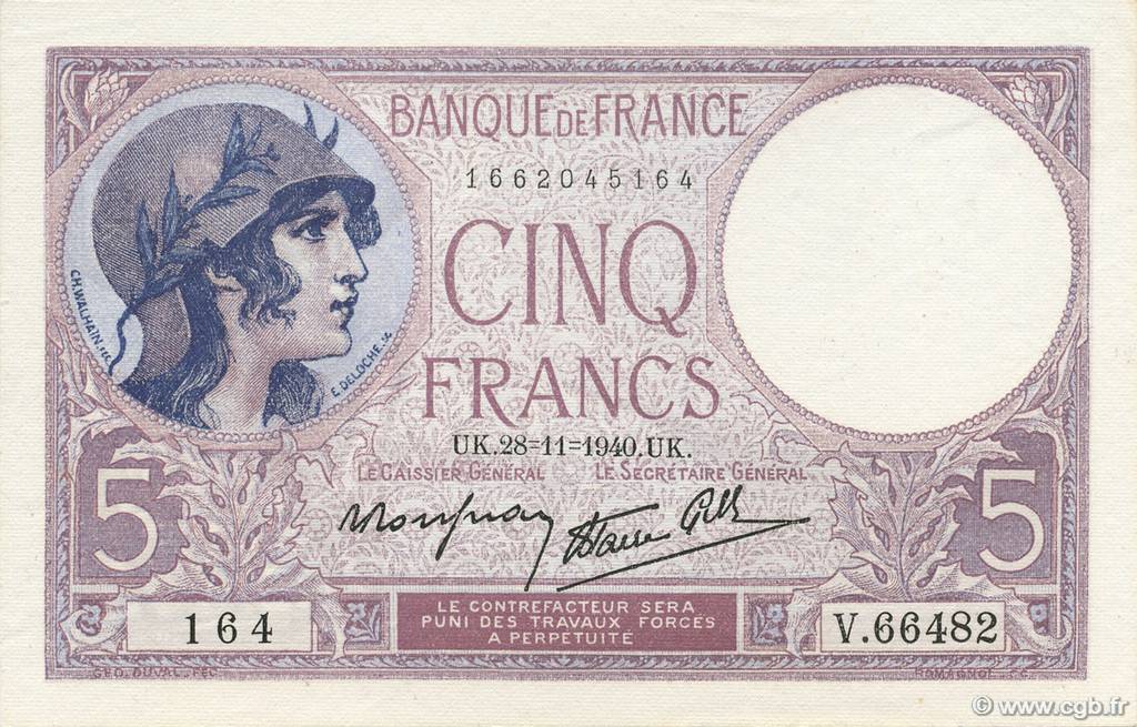5 Francs FEMME CASQUÉE modifié FRANKREICH  1940 F.04.15 fST+