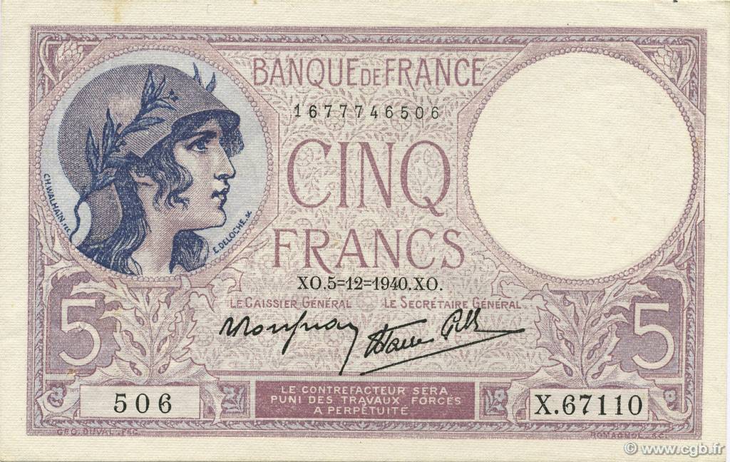 5 Francs FEMME CASQUÉE modifié FRANCE  1940 F.04.16 XF