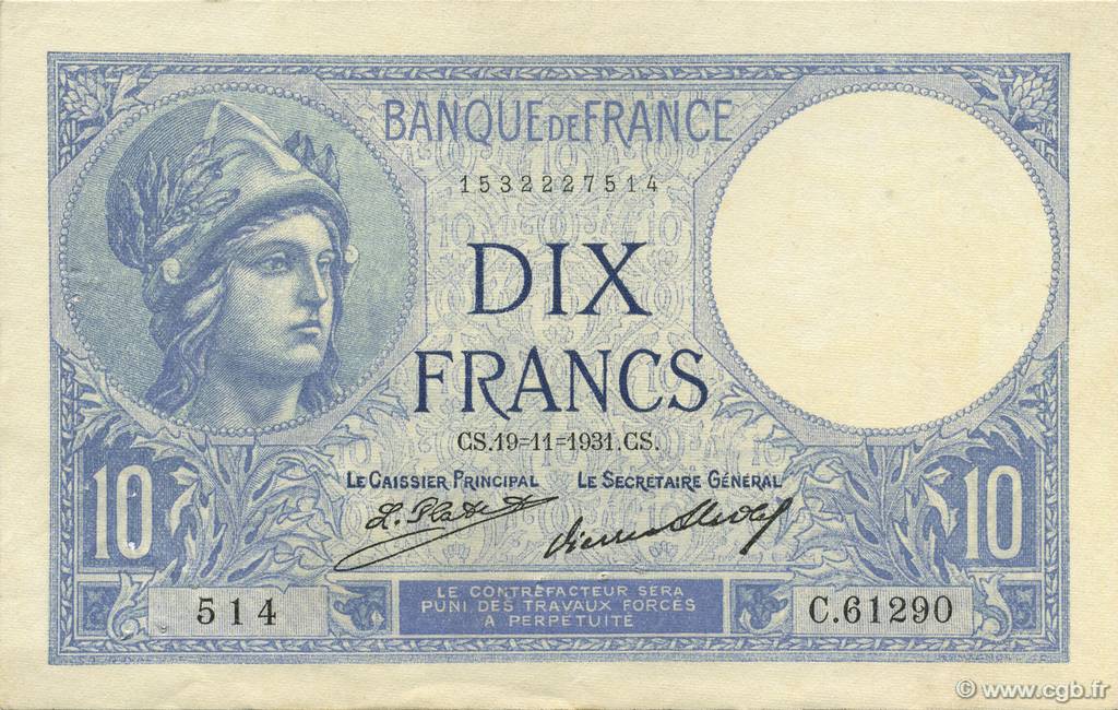 10 Francs MINERVE FRANKREICH  1931 F.06.15 fVZ