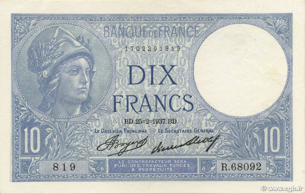 10 Francs MINERVE FRANCIA  1937 F.06.18 q.AU