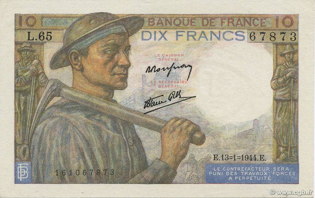 10 Francs MINEUR FRANKREICH  1944 F.08.10 fST