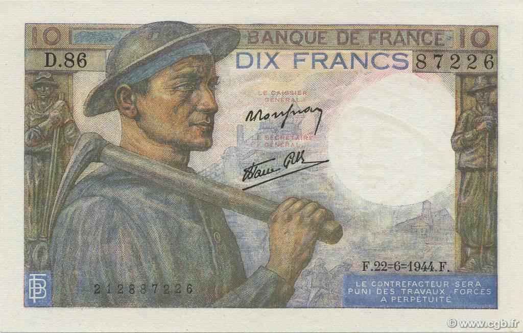 10 Francs MINEUR FRANCIA  1944 F.08.12 FDC