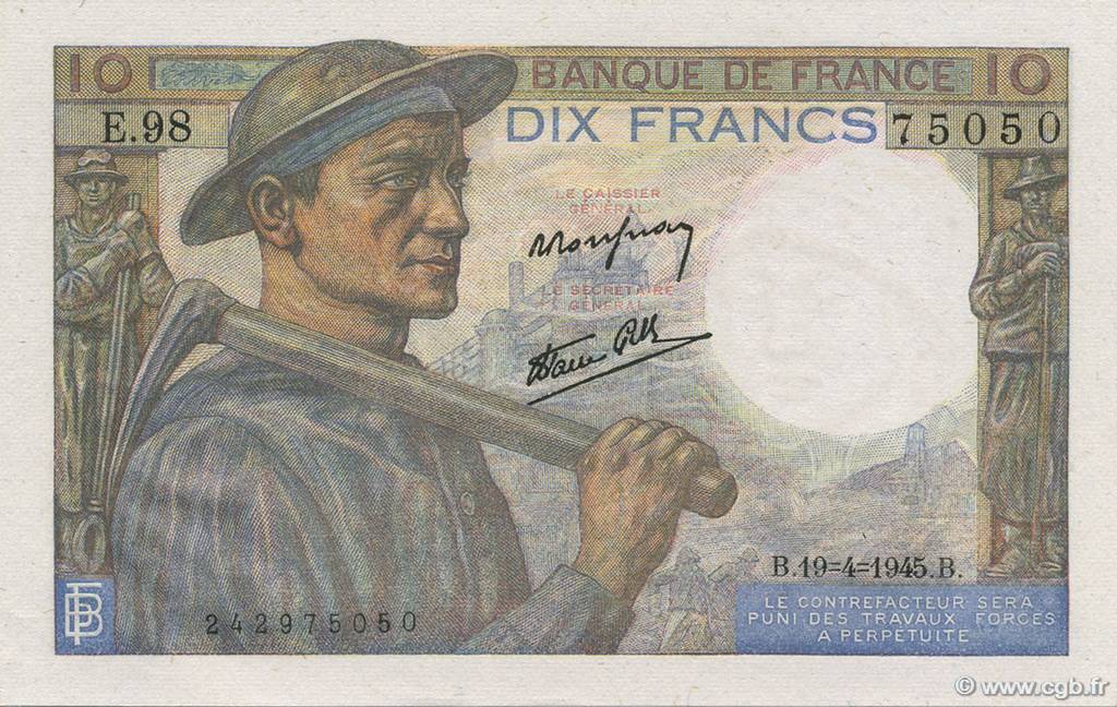 10 Francs MINEUR FRANKREICH  1945 F.08.13 ST