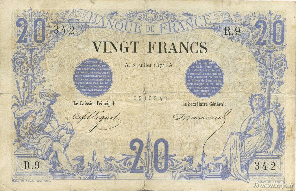 20 Francs NOIR FRANKREICH  1874 F.09.01 fS