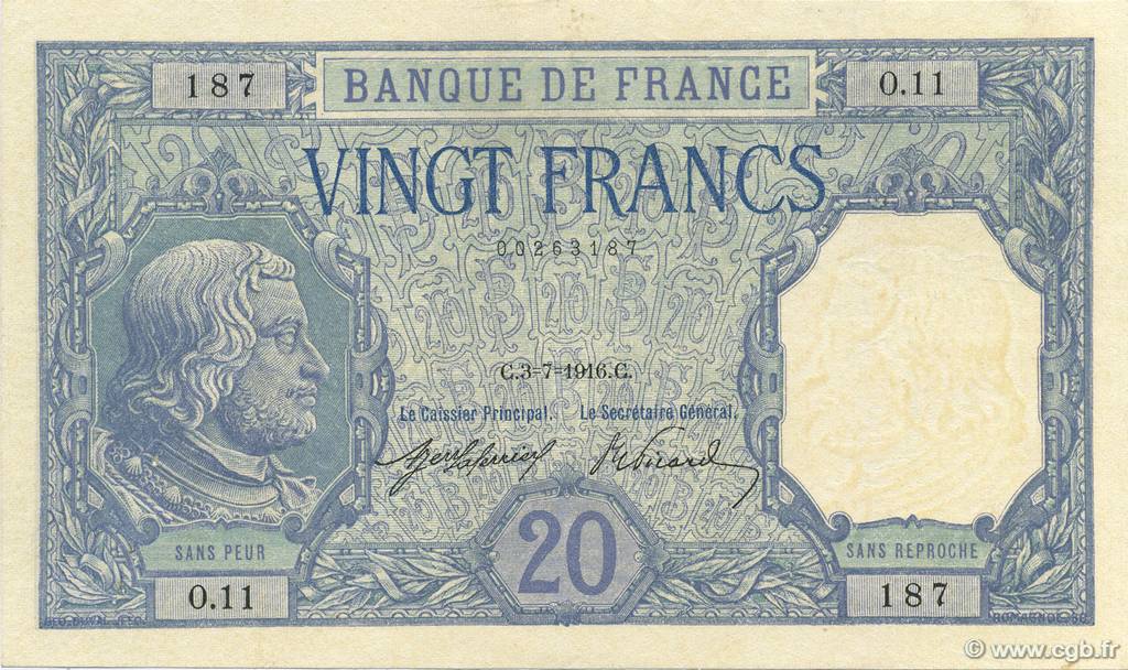 20 Francs BAYARD FRANKREICH  1916 F.11.01 VZ+
