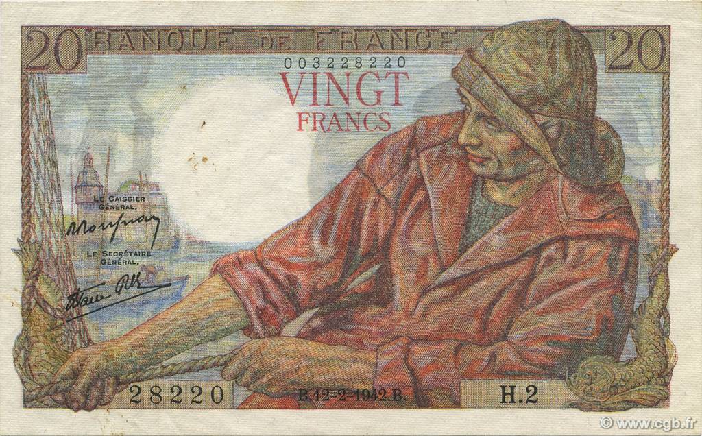 20 Francs PÊCHEUR FRANCE  1942 F.13.01 XF-