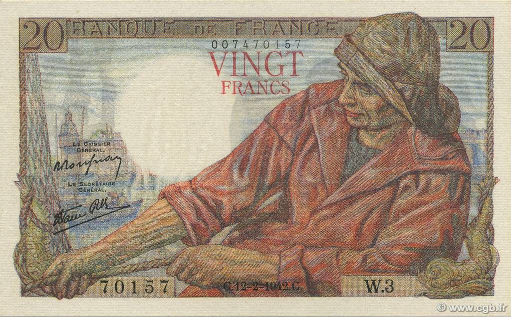 20 Francs PÊCHEUR FRANKREICH  1942 F.13.01 fST+