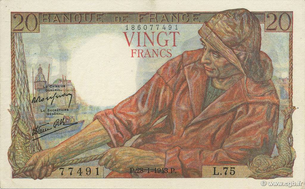 20 Francs PÊCHEUR FRANCE  1943 F.13.05 XF+
