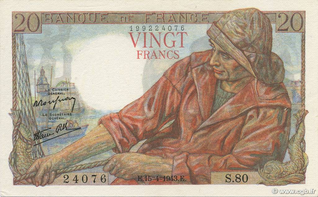 20 Francs PÊCHEUR FRANKREICH  1943 F.13.06 VZ to fST