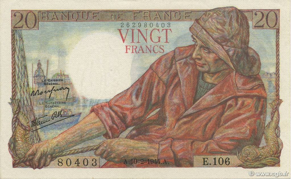 20 Francs PÊCHEUR FRANCIA  1944 F.13.08 SC+
