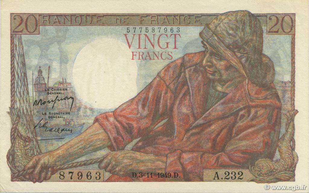 20 Francs PÊCHEUR FRANKREICH  1949 F.13.16 fST