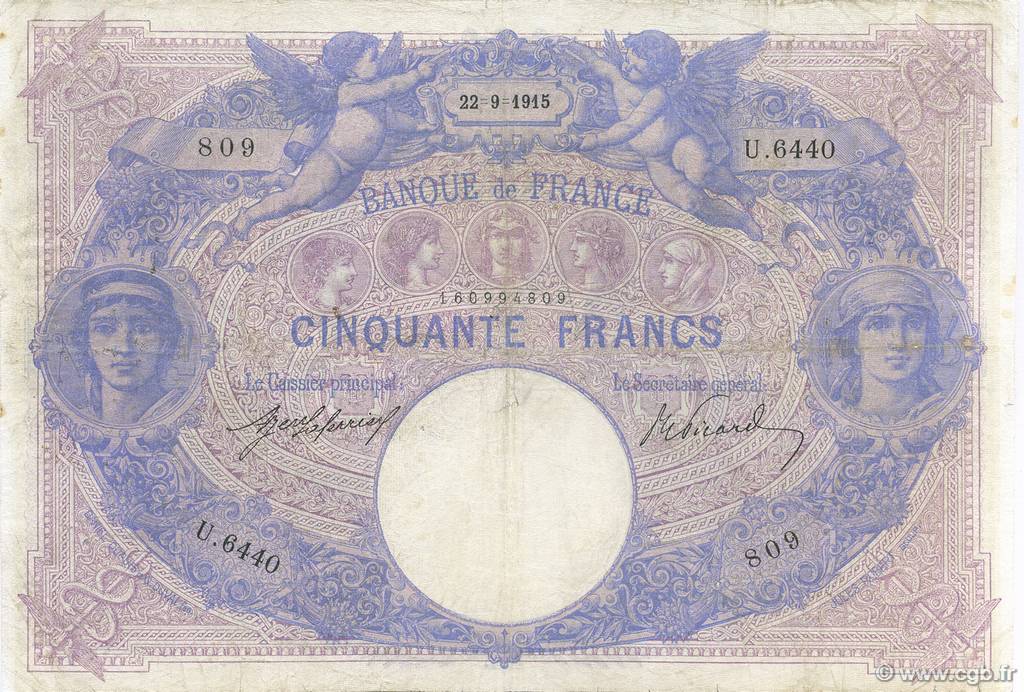 50 Francs BLEU ET ROSE FRANCIA  1915 F.14.28 BC