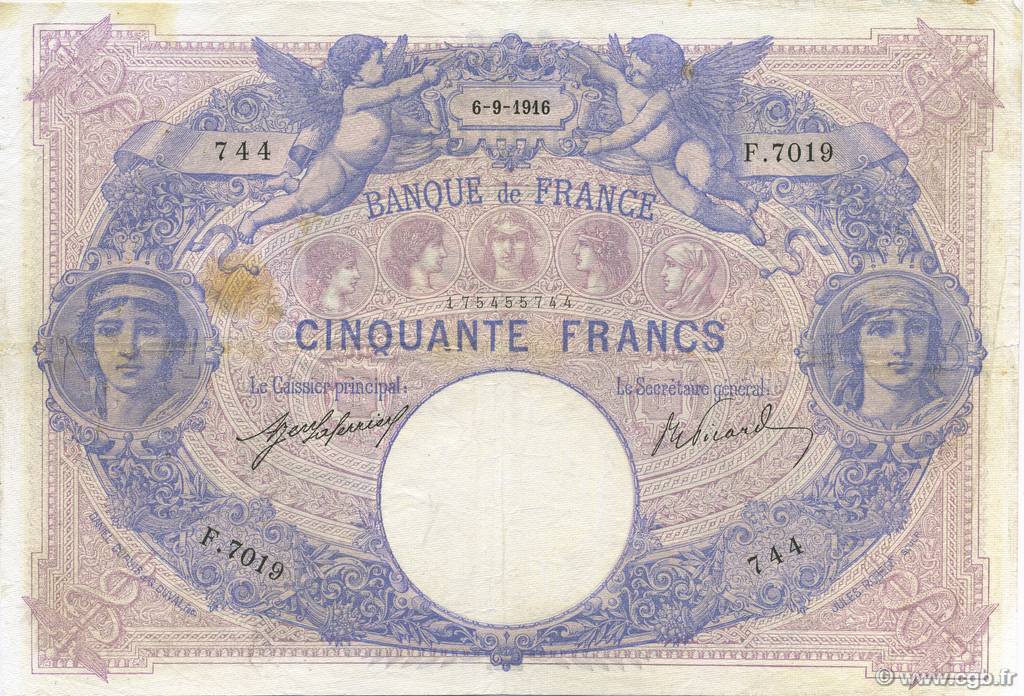 50 Francs BLEU ET ROSE FRANKREICH  1916 F.14.29 S